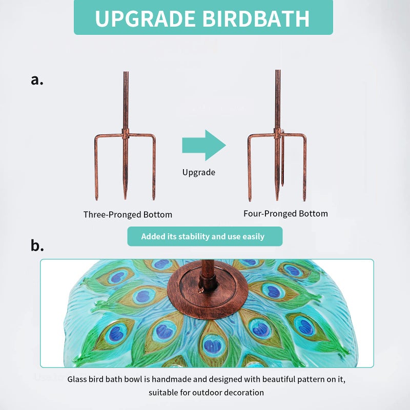 MUMTOP Glass Bird Bath, Garden Outdoor Birdbaths Birdfeeder with Metal Stake Peacock - Image 5
